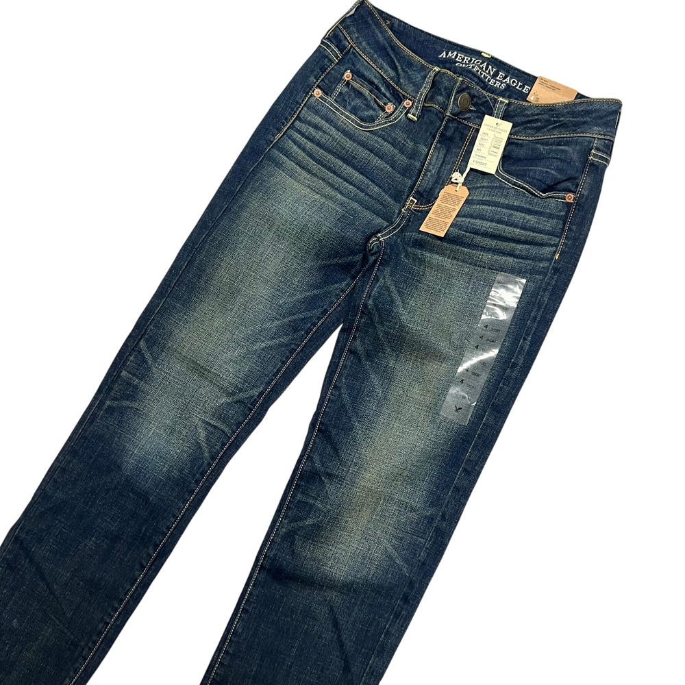NEW American Eagle Straight Leg Jeans Worn Dark Wash Size 4 Short Blue Denim